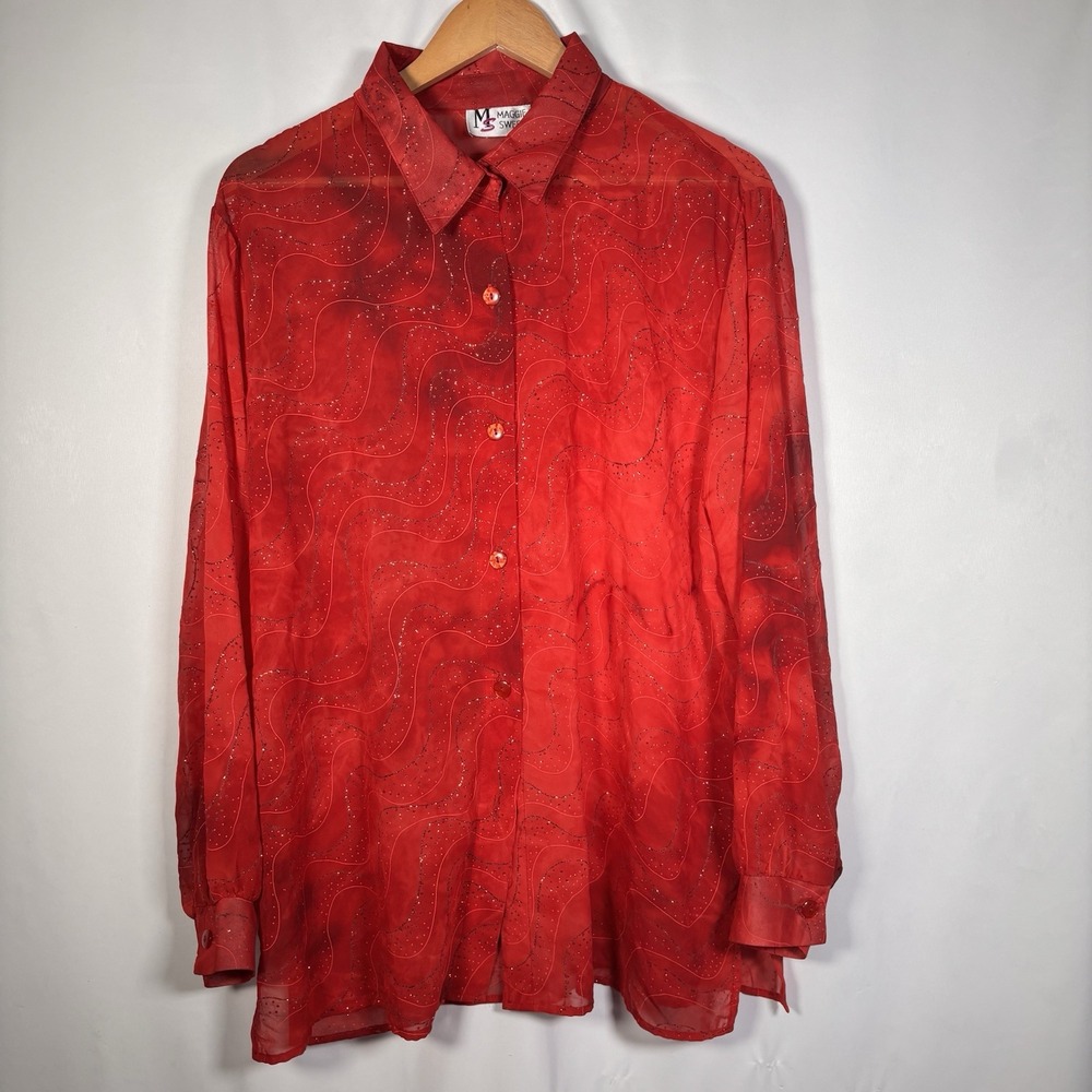 Vintage Maggie Sweet Blouse Womens XL Tie Dye Glitter Sheer Button Up Top 90s
